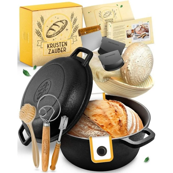 KRUSTENZAUBER Gusseisen Topf Brot Backen im XXL Set - Brotbackform mit Deckel inkl. Gärkorb, Schneebesen, Bäckermesser, Teigschaber, Brotschlinge und mehr - Perfektes Brotbacktopf Set für Anfänger – Bild 4