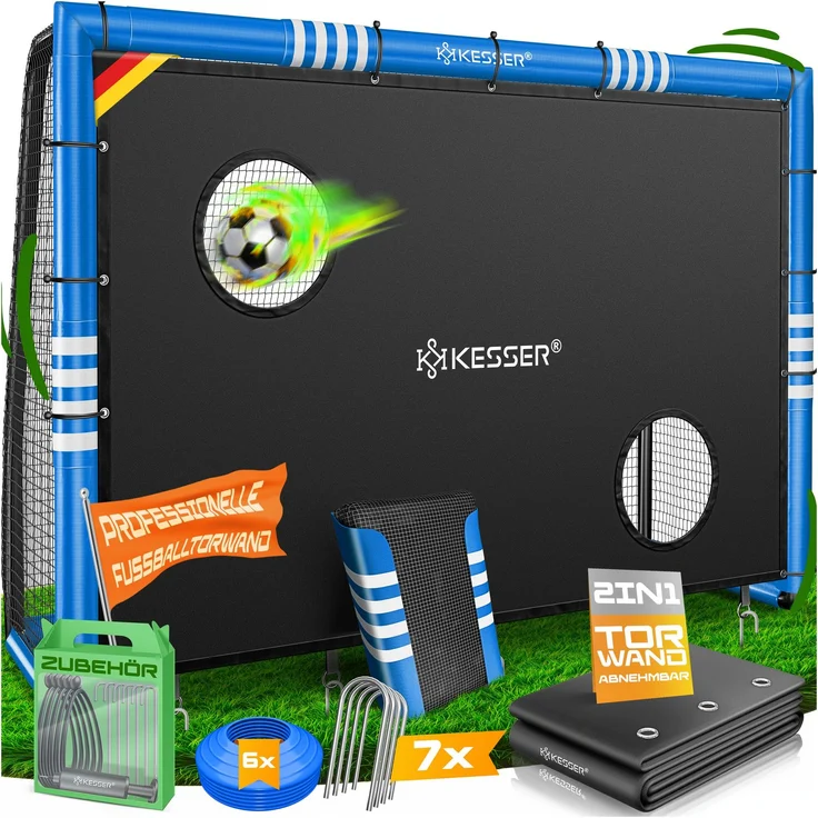 KESSER® Fußballtor für Garten, Schusstraining, UV-beständiges Netz, Stahlrahmen mit Polsterung, Erdhaken, Luftpumpe, Hüttchen, Montagezubehör, für Kinder und Erwachsene, Blau, 240 cm, mit Torwand – Bild 1