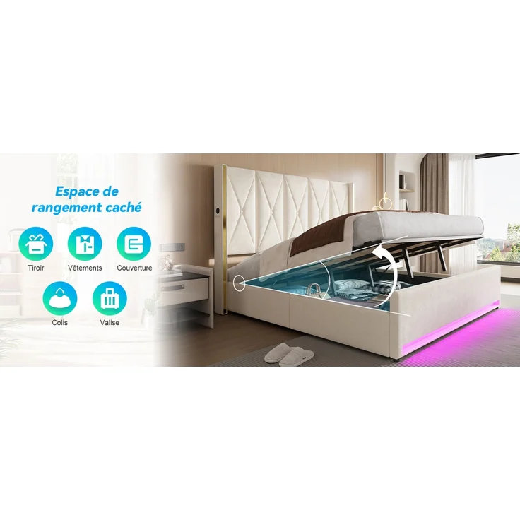 TavilaEcon Boxspringbett Veloursbett mit hohem Kopfteil, Seitentaschen & USB beige Liegefläche 180 × 200 cm – Bild 3
