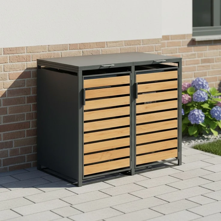 STEELSØN 'Kestra' Mülltonnenbox 2er je 120 Liter, anthrazit mit Holzoptik, Mülltonnenverkleidung aus Stahl, wetterfest, 102x62x117 cm, Müllbox für 2 Tonnen – Bild 2