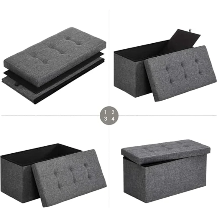 Songmics Sitzbank mit Stauraum, Sitztruhe, Sitzhocker, Aufbewahrungsbox, Fußablage, faltbar, belastbar bis 300 kg, 80 L, 76 x 38 x 38 cm, Leinenimitat, dunkelgrau LSF47K – Bild 6