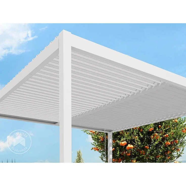 PRIMEYARD Pergola 4x4 m Aluminium-Pfosten mit Lamellendach aus Stahl weiße Terrassenüberdachung – Bild 5