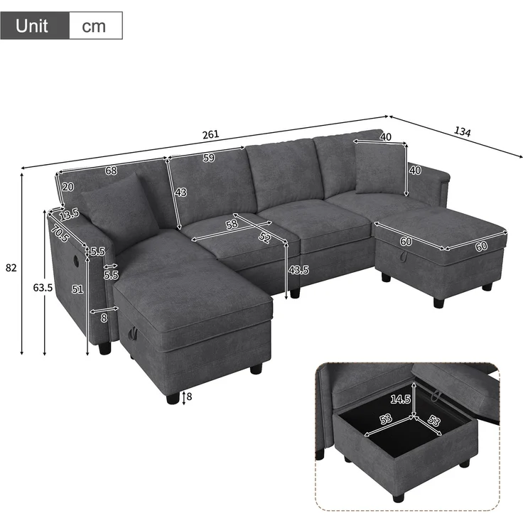 Flieks 4-Sitzer Modulsofa mit 2 Stauraumhockern, USB & USB-C, L- oder U-Form Polstersofa, 261 x 134 x 82 cm, Chenille, Grau – Bild 6