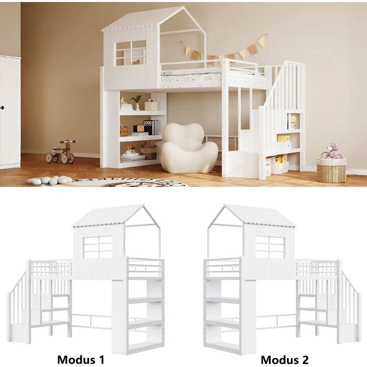 Merax Hochbett 90×200 cm, Kinderbett, Jugendbett, Hausdesign, Mehrstöckiges Stauraumregal, Sichere Treppe (montierbar links/rechts), Weiß – Bild 5