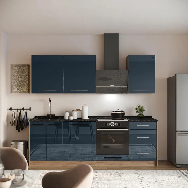 Küchenzeile Fame-Line Dunkelblau Hochglanz/Goldkraft Eiche 230 cm, AP Marmor Vicco – Bild 3
