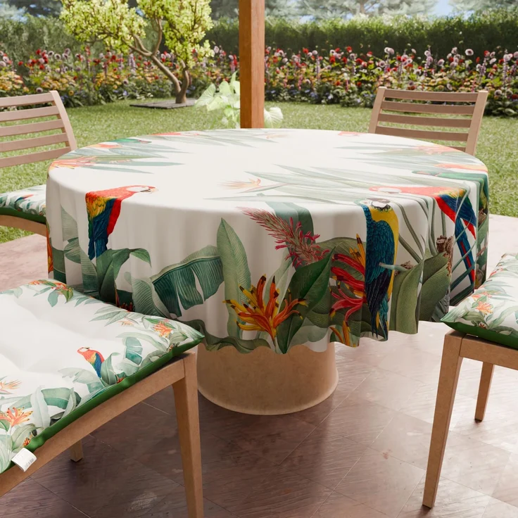 PETTI Artigiani Italiani - Fleckabweisende runde Tischdecke aus Mikrofaser (Durchmesser 240 cm), Küchentischabdeckung für runden Tisch, Motiv Papageien, 100% Made in Italy