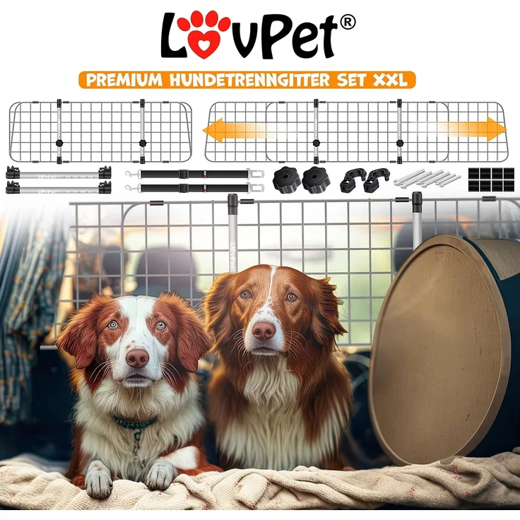 LovPet® Hundegitter Auto, Autoschutzgitter Trenngitter Universal, verstellbare Breite, Kopfstütze Kofferraum Autogitter Maße HxB 30 x 91-153 cm Kofferraumgitter,+ 2x Sicherheitsgurt für Hunde Grau – Bild 4