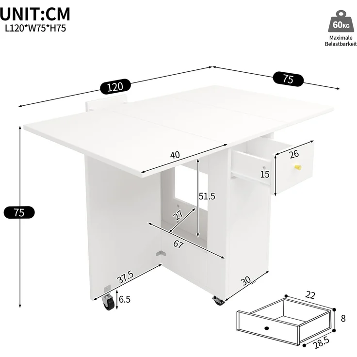 Esstisch 120x75x75 cm klappbar mit Stauraum, 2 Schubladen und Rollen – Bild 5