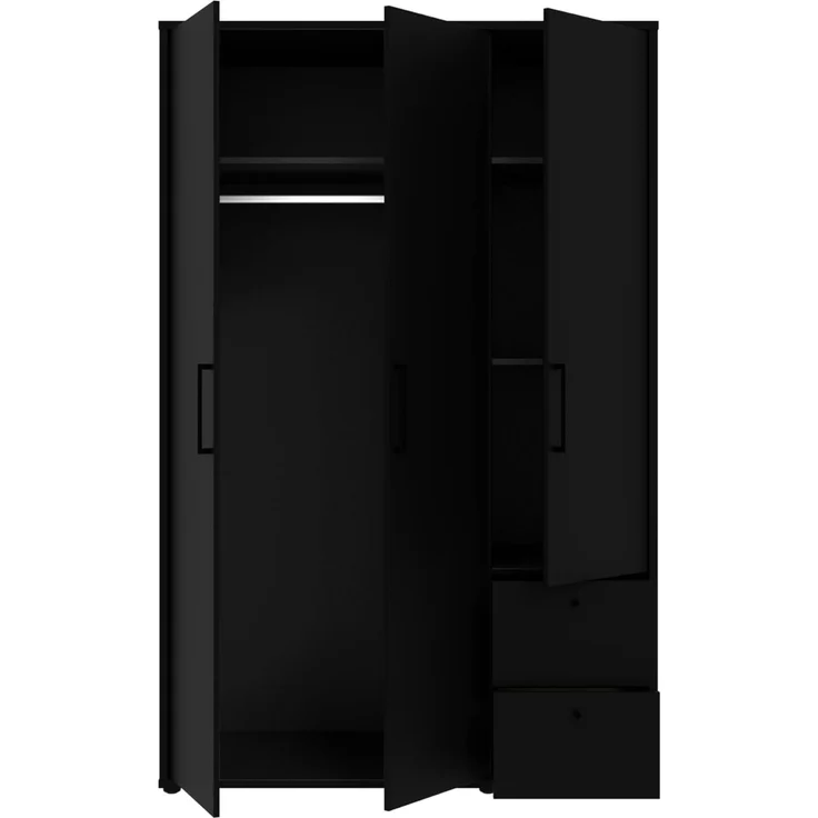 FORTE PYS Moderner Kleiderschrank 125, 3-türig, 2 Schubladen, Schwarz, 124,2 cm B x 190,4 cm H x 54,0 cm T – Bild 5