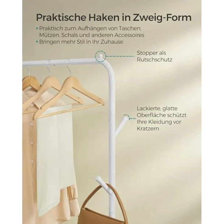 SONGMICS Kleiderständer auf Rollen, Kleiderstange, Garderobenstange, Garderobenständer aus Stahlrohren, bis 50 kg belastbar, 103,5 cm breit, multifunktionale Aufbewahrung, weiß HSR131W01 – Bild 7