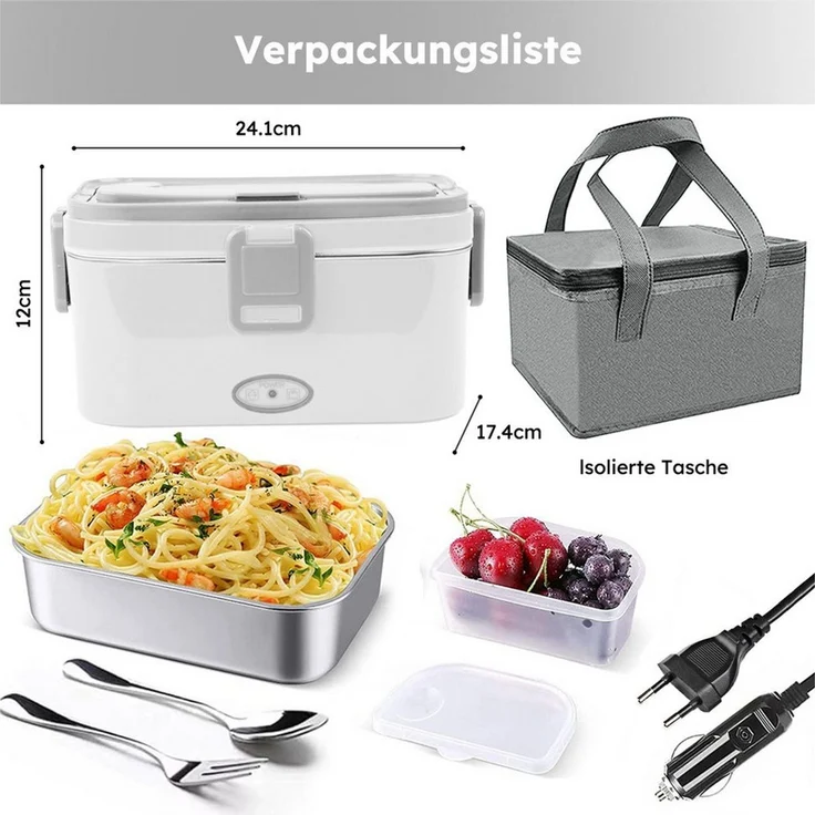 MOPUEA Elektrische Lunchbox 3 in 1 Elektrische Lunchbox Brotdose aus Edelstahl für Zuhause Auto, (1,8 L Großes Fassungsvermögen, Mit 12V/24V Autoadapter und 230V Netzadapter), Großes Fassungsvermögen mit Tragetasche und Reinigungstuch