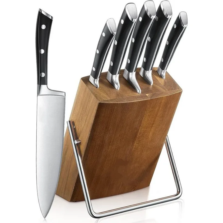 FOHERE Messer-Set Messerset mit Holzblock, durchgehendem Erl & Griff mit Dreifachnietung (Set, 6-tlg)