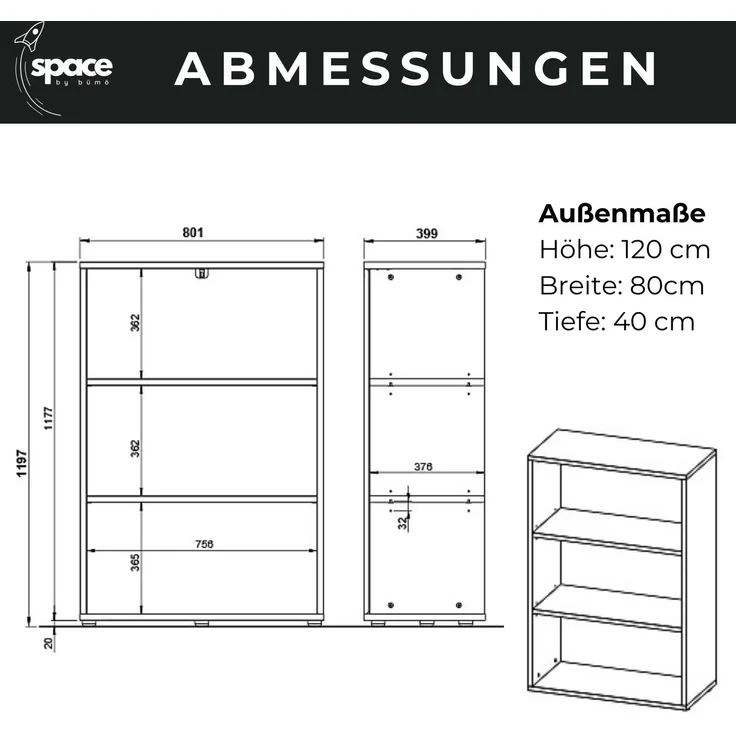 bümö Space Aktenregal Holz, Mehrzweckregal 80 cm breit in Graphit - Regal für 3 OH, Büro Regal klein als Möbel für Arbeitszimmer, Büroregal, Bücherregal & Ordnerregal, SPCAR3OH547 – Bild 7