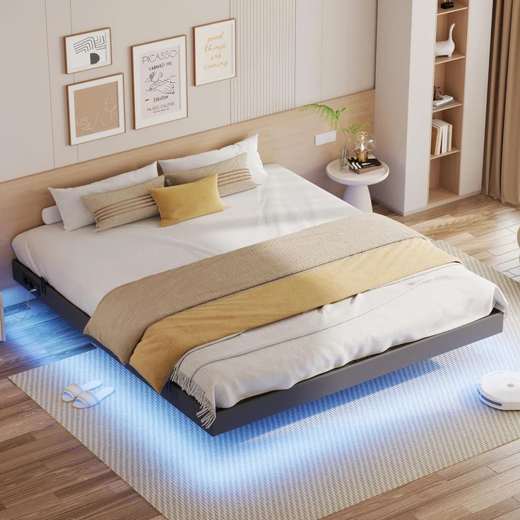 IRONCK Bett 180x200 mit LED Beleuchtung und Ladestation, Bettgestell 180x200 mit Stauraum, Floating Bed Frame, Bettrahmen 180x200 cm, Jugendbett, Metallbett mit Lattenrost Doppelbett, Grau