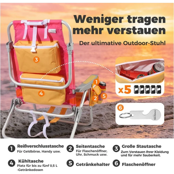 HOMECALL Klappstuhl Strandstuhl Leicht Klappbar Camping, 5-fach verstellbare Rückenlehne (Bis 136KG, Aluminiumrahmen, große Kühltasche und Aufbewahrungstasche, 1 St), Seitentaschen, Kopfstütze, Schultergurten, Handtuchhalter – Bild 3