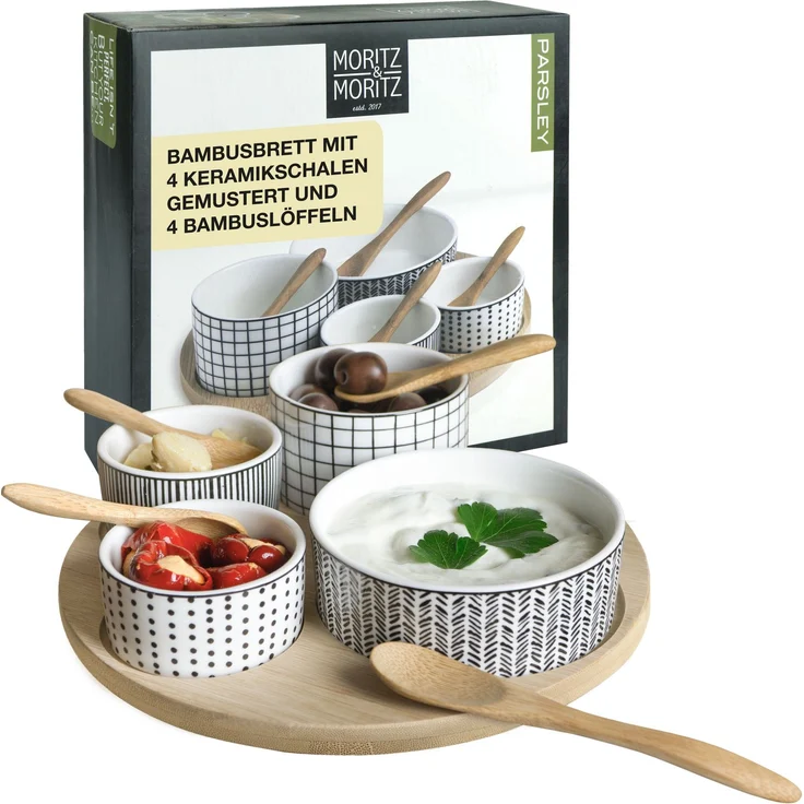 Moritz & Moritz Servierset Parsley - Bambus Brettchen rund mit 4 gemusterten Schalen rund – Bild 2