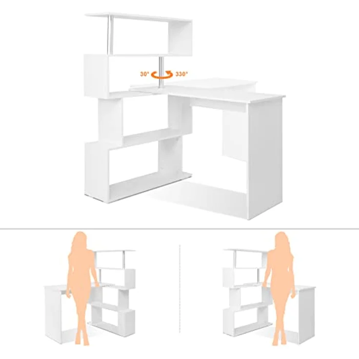 Mondeer Computertisch L-Förmig, Eckschreibtisch, mit 360 Grad Drehbarem Bücherregal für Arbeitszimmer Wohnzimmer Büro 157 x 45 x 130,5 cm, Weiß – Bild 7