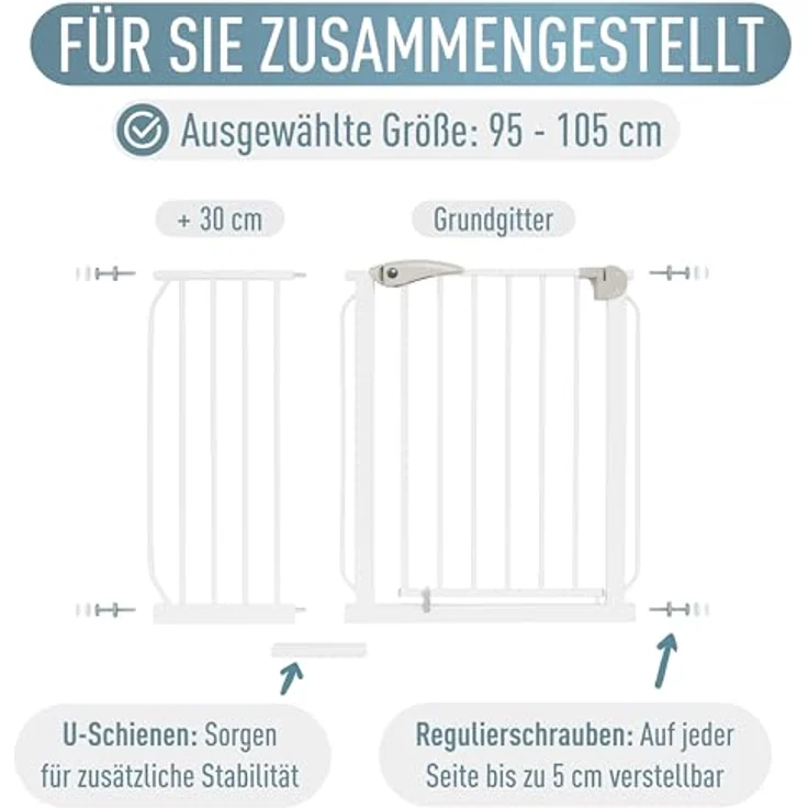 IB STYLE Treppenschutzgitter für Babys Berrin - Türschutzgitter, Hundeabsperrgitter aus Metall, Einfache Montage, Ohne Bohren, Weiß, 95-105 cm – Bild 3