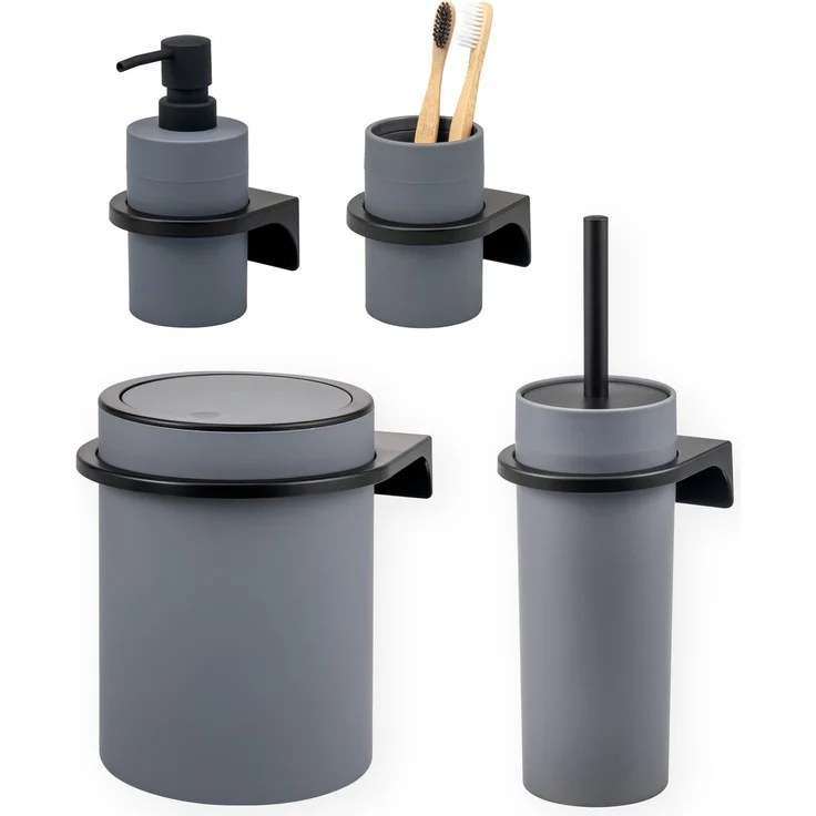 bremermann Bad-Accessoires Set SAVONA 4tlg. bestehend aus 1x Seifenspender, 1x Becher, 1x WC-Garnitur, 1x Kosmetikeimer aus Kunststoff in Grau – Bild 1
