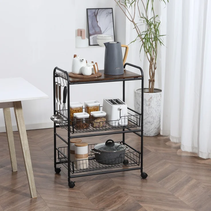 MELAYR, Hilfswagen mit 3 ebenen Rädern, Küchenwagen mit 2 Körben und 4 Haken, 60 x 38 x 85,5 cm, Rustikalbraun – Bild 3