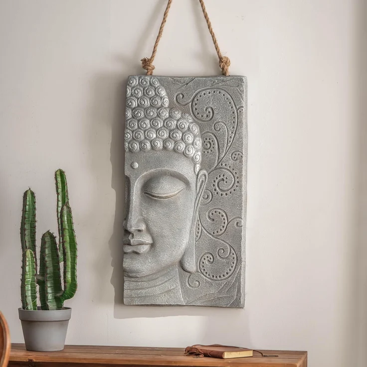 K&L Wall Art Wanddekoobjekt Buddha Wandskulptur Steinoptik asiatische Feng Shui Deko 3D Wandfigur (Buddha Wandbild), mit Seilaufhängung – Bild 1