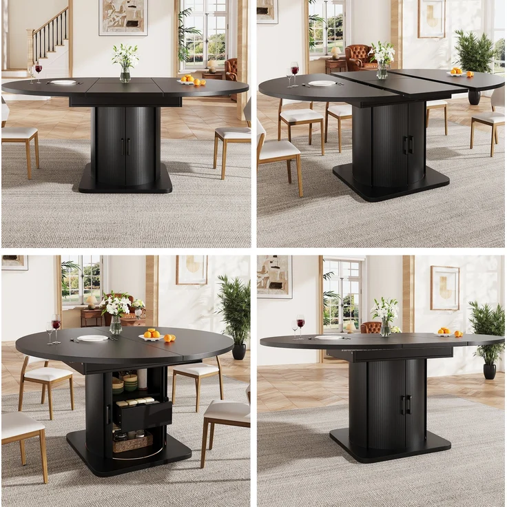 Esstisch 118-158x118x76 cm ausziehbar in Schwarz, rund zu oval, mit Stauraum – Bild 5