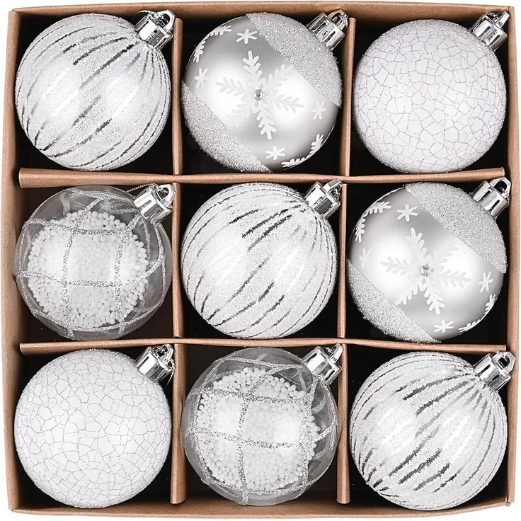 9x 6cm Transparente Christbaumkugeln Silber Weiß inkl. Aufhänger