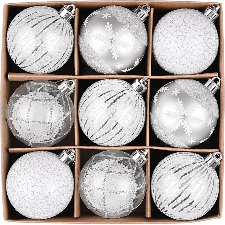 9x 6cm Transparente Christbaumkugeln Silber Weiß inkl. Aufhänger – Bild 1