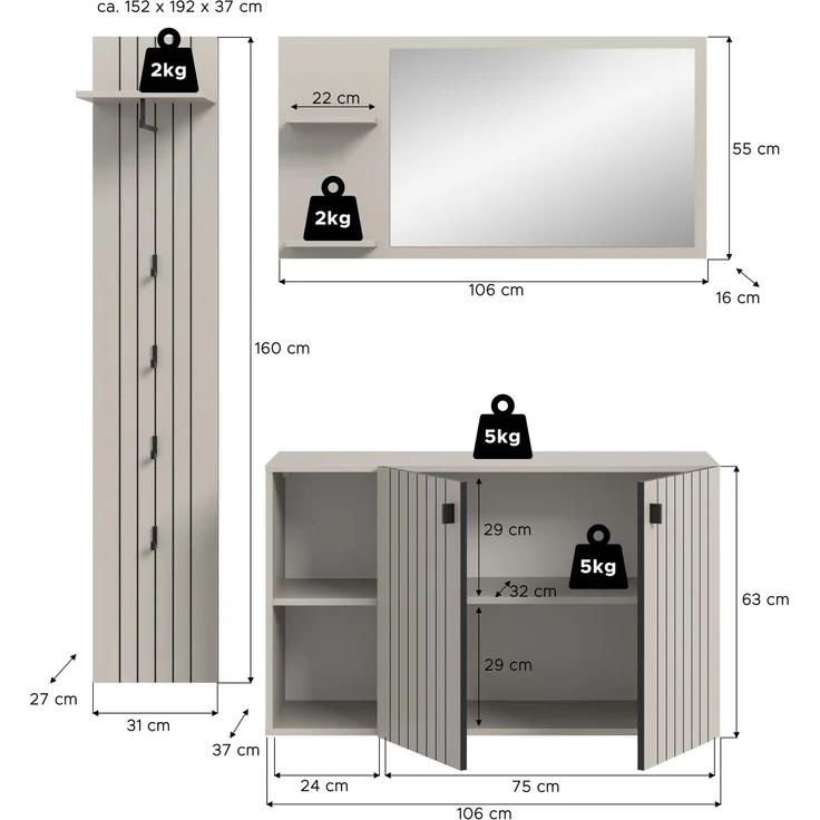 Garderobenkombination (B/H/T: 152x192x37 cm) in Kaschmir Nachbildung – Bild 4