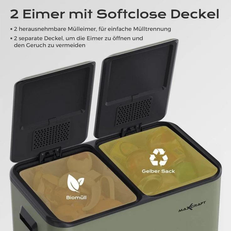 MAXCRAFT Küchen-Mülleimer 60L – Treteimer mit Soft-Close & Doppelfach für Mülltrennung, Grün – Bild 2