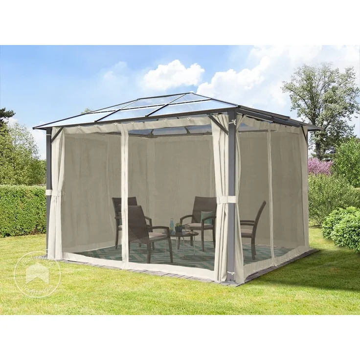 TOOLPORT Gartenpavillon 3x3,65 m Polycarbonat Dach ca. 6 mm - Hardtop Pavillon mit 4 Seitenteilen und Moskitonetzen in crème – Bild 2
