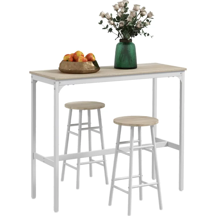 MELAYR, Stehtisch mit 2 Barhockern, Stahlgestell, Tischplatte in Holzoptik, für 2 Personen, 119 x 50 x 15,5 cm, Eiche