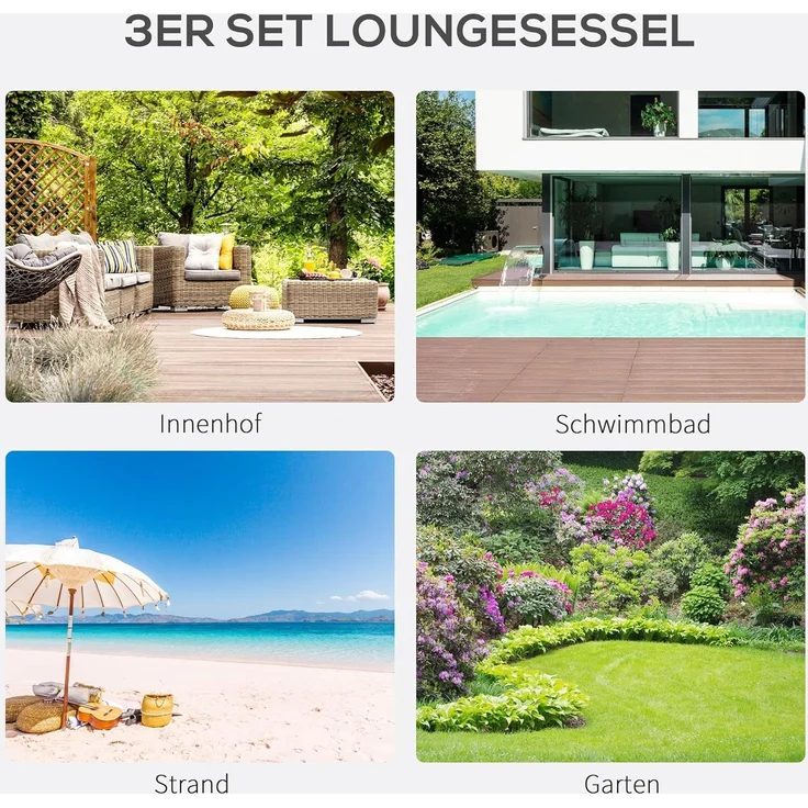 Outsunny Gartenliege Sonnenliege-Set mit Tisch, 2 Liegestühlen, Liege, 3 St, Relaxliege, für Balkon, Terrasse, Schwarz – Bild 3
