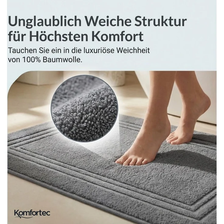 Komfortec Badematte Badvorleger aus 100% Baumwolle, Waschbar Duschmatte, Frottee, Rechteckig, 600 g/m², 2er Set, Saugfähig & Schnelltrocknend – Bild 2