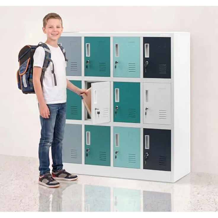 Jan Nowak Metallschrank Schule Kindergarten mit 12 abschließbaren Fächern, Schließfachschrank Stahl, Garderobenschrank Kinder, Kita Spind Hort, 120 x 109 x 45 cm – Bild 2