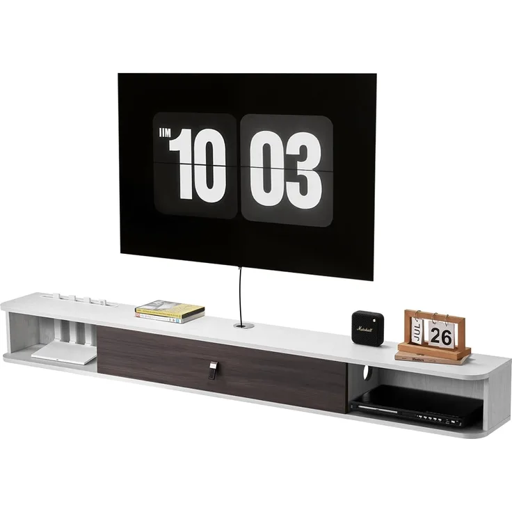 VEVOR TV Schrank hängend Wandhalterung, Fernsehschrank mit Kabelloch, schwebendes TV-Regal mit Stauraum für DVD-Player Kabelbox Spielekonsole, Hängeschrank 52 kg belastbar Weiß 180 cm Länge