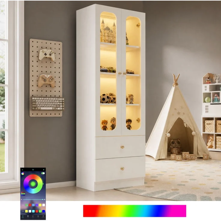 ZUBALIYA Glasvitrine, Küchenschrank, Aktenschrank, Sammelfiguren-Vitrine, 4 Ebenen Spielzeugschrank mit 2 Schubladen, LED-Leiste mit RGB-Farbwechsel per App steuerbar, goldene Metallgriffe, weiß, 60x35x170 cm – Bild 1