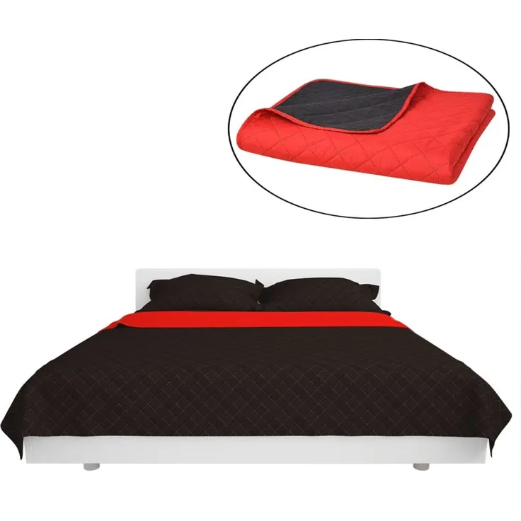 vidaXL Tagesdecke, Zweiseitig, Gesteppt, kariert, Mikrofaser mit PP Baumwoll-Füllung, Rot / Schwarz, 230x260 cm