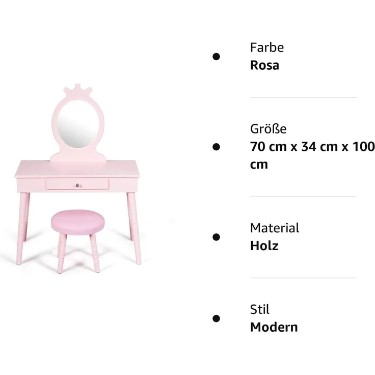 COSTWAY Kinder Schminktisch mit Hocker und abnehmbarem Spiegel, Holz pink, 34 x 70 x 100 cm – Bild 10
