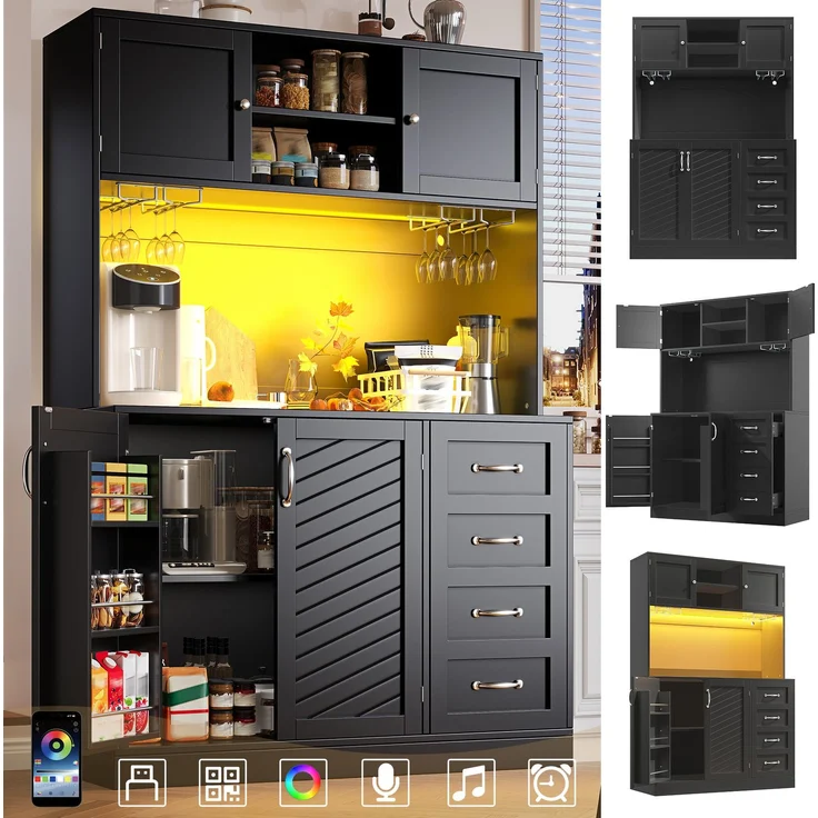 Seitenboard / Aufbewahrungsschrank / Küchenschrank / Buffetschrank, 120x40x188cm, mit LED-Beleuchtung, Snackregal & Getränkehaltern, 4 Türen & 2 große Schubladen, Grün/Schwarz/Weiß--Schwarz--120x40x188cm--YOUDENOVA – Bild 6
