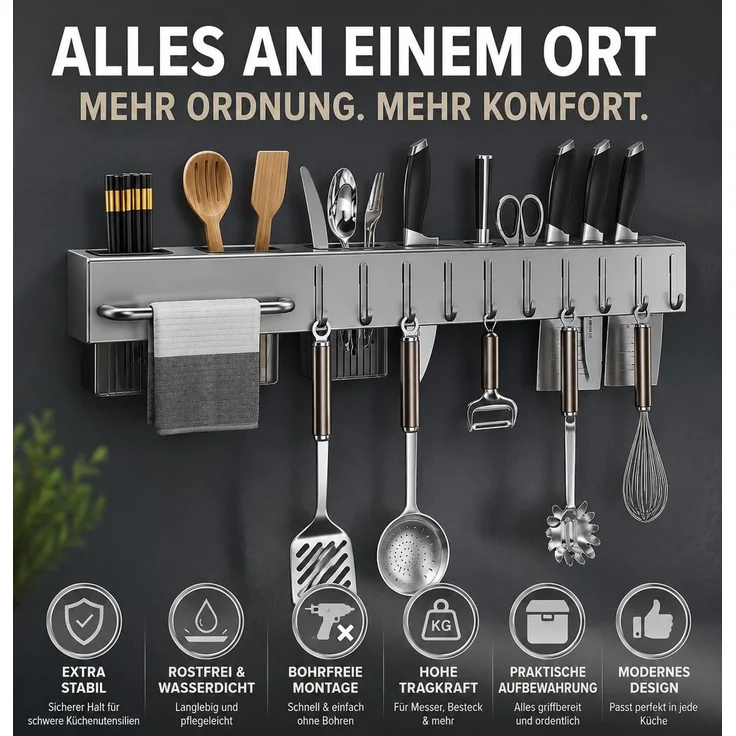 Küchenregal, Gewürzregal, Küchenorganizer, Küchenutensilien, Messerhalter mit 10 Haken – Bild 3