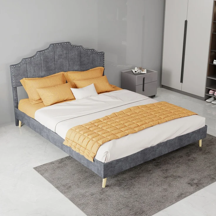 EINHOM Polsterbett 140 x 200 cm, Modernes Minimalistisches Bett, Weiches Kopfteil, Niedriges Bettgestell ohne Gasdruckfeder, Multifunktionale Schlafzimmermöbel, Grau, (Ohne Matratze) – Bild 3
