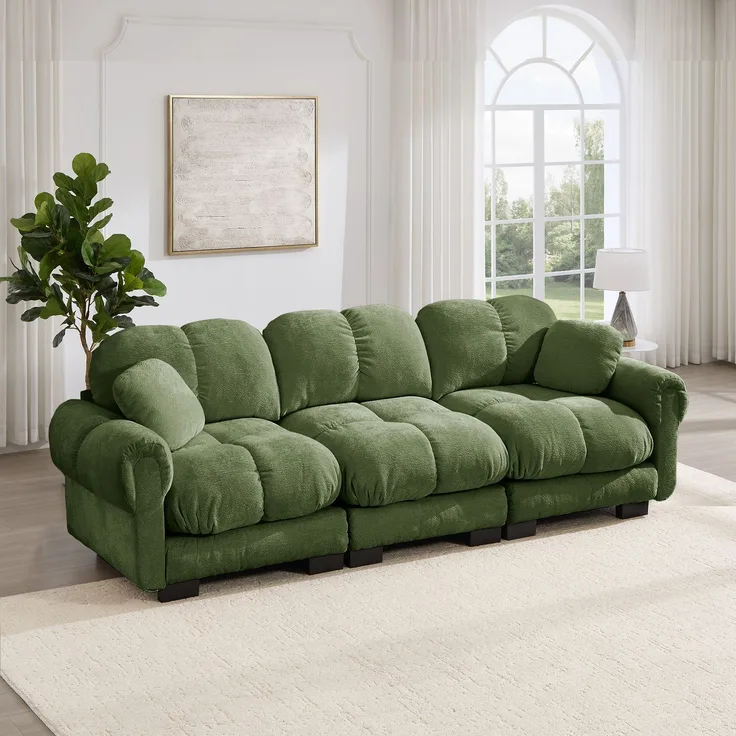 Wohnora-3-Sitzer Cloud-Sofa,inklusive 2 kleinen Dekokissen,Feines Steppdesign,Dicke Sitzkissen,Weich und Stützend,Ergonomisch geformte Rückenlehne,Einfach Aufzubauen,geeignet für das Wohnzimmer,grün,H 90cm x T 260cm x B 86cm