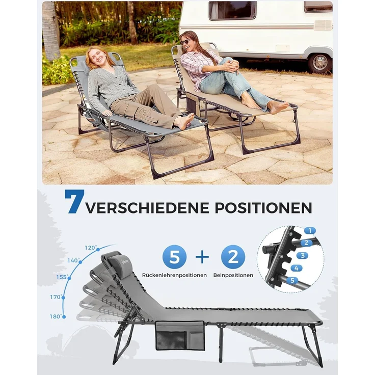 KingCamp Sonnenliege Klappbar 2er Set Gartenliege Campingliege 5-Stufig Verstellbarer Rückenlehne Liege Gartenstuhl Strandliege Camping Klappbett mit Kopfkissen für Garten Urlaub Outdoor Strand Pool – Bild 3