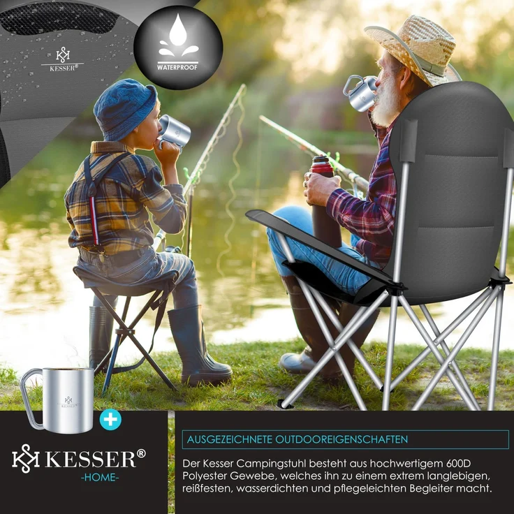 KESSER® Campingstuhl faltbar bis 150 kg Angelstuhl Faltstuhl Klappstuhl Gepolstert mit Armlehnen, Getränkehalter + Tasche mit hoher Rückenlehne, Strandstuhl, Klapphocker Anthrazit / Schwarz – Bild 5