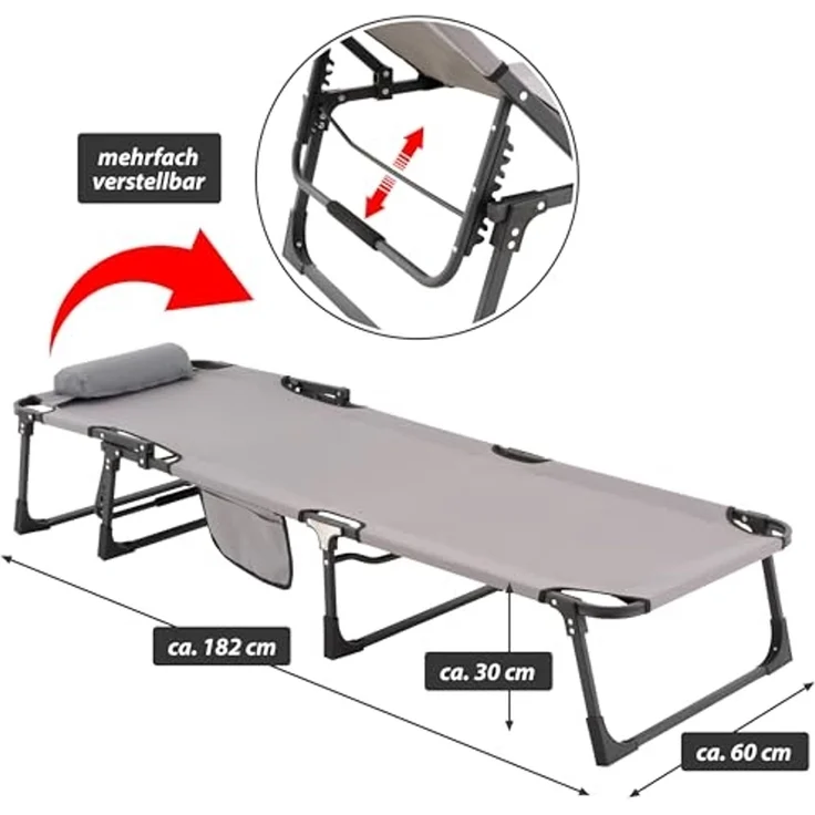 Nexos klappbar 5-Fach verstellbare Sonnenliege mit Kopfkissen grau 182 x 60 x 30 cm Polyester Gartenliege Strand-Liege Stahl-Rahmen wetterfest robust – Bild 6