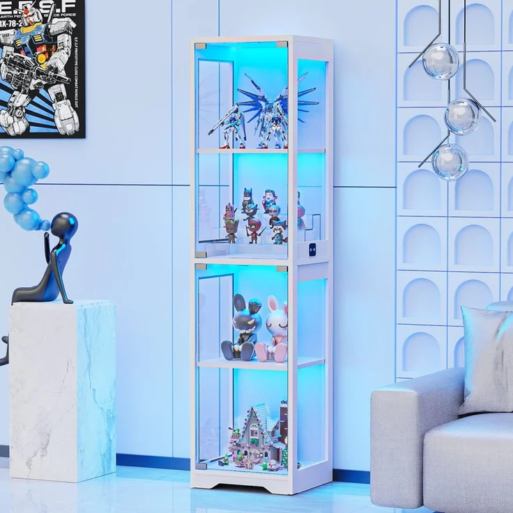 Glasvitrine Ausstellungsschrank 160 cm, 4-stufig mit Glastür, LED-Beleuchtung und Bewegungssensor, Weiß – Bild 1