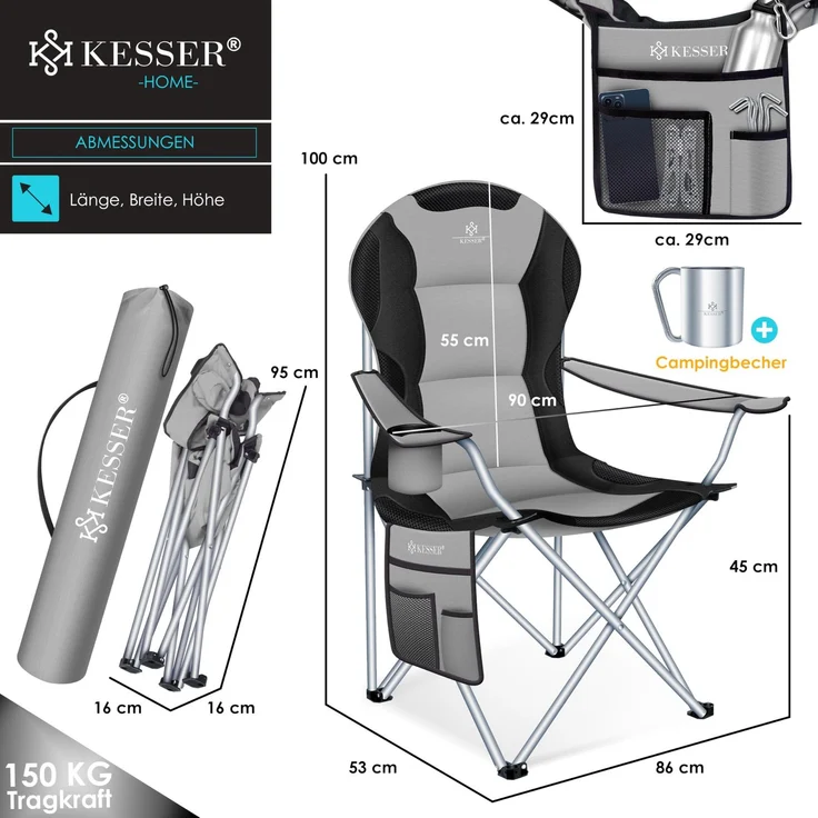 KESSER® Campingstuhl faltbar bis 150 kg Angelstuhl Faltstuhl Klappstuhl Gepolstert mit Armlehnen, Getränkehalter + Tasche mit hoher Rückenlehne, Strandstuhl, Klapphocker Grau / Schwarz – Bild 9