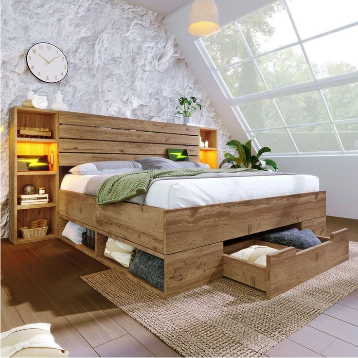 Flieks Holzbett, LED Doppelbett 180×200cm mit Aufladen, Stauraumfächer und Schubladen – Bild 1