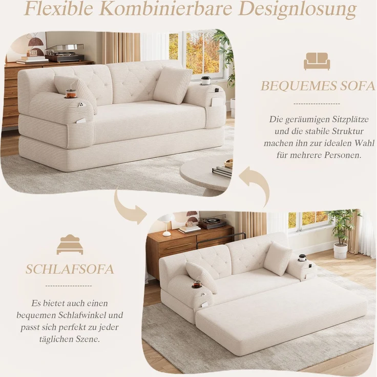 TavilaEcon 2-Sitzer Schlafsofa, komprimiertes Cord Sofa mit hoher Rückenlehne beige 81 × 80 × 168 cm (H × T × B) – Bild 9